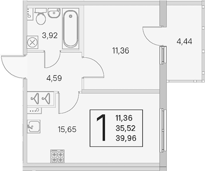 1-комнатная квартира 35.52 м², 1/4 эт., ЖК «Любоград в Стрельне»